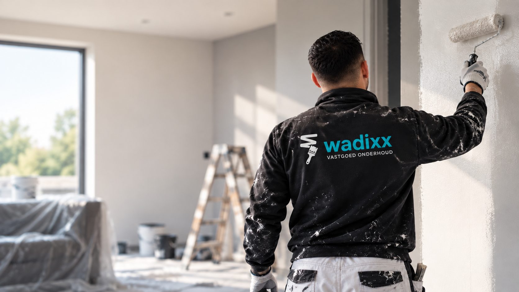 Schilder van Wadixx Vastgoed Onderhoud rolt een binnenwand in een leeggeruimde kamer