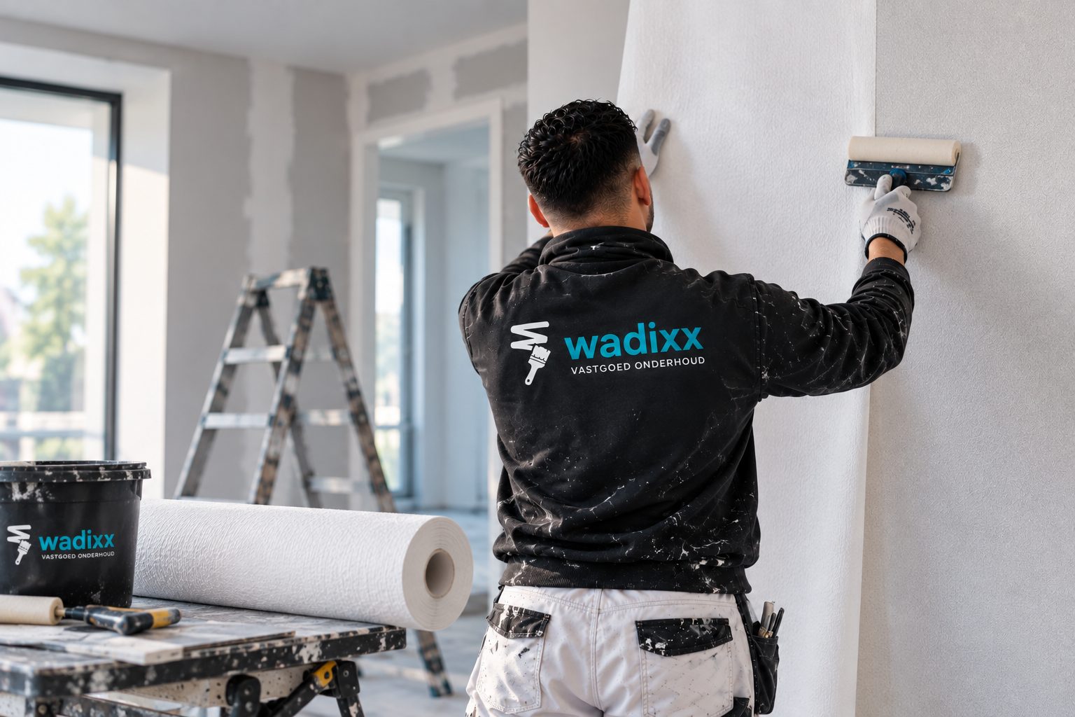 Schilder van Wadixx brengt renovlies aan op een binnenwand, met de rol glasvlies op de werkbok